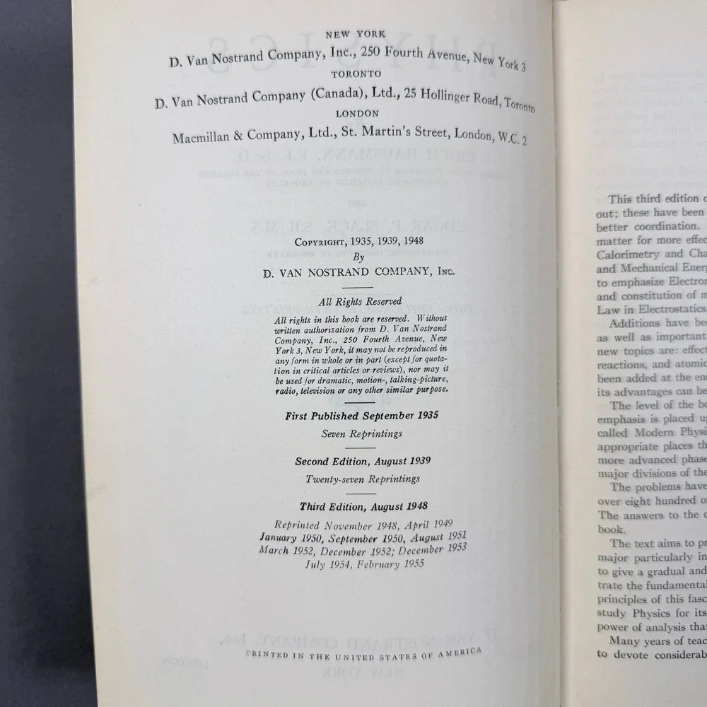 Hausmann Slack Physics Hardcover 1955 Third Edition 11th Printing Science Text